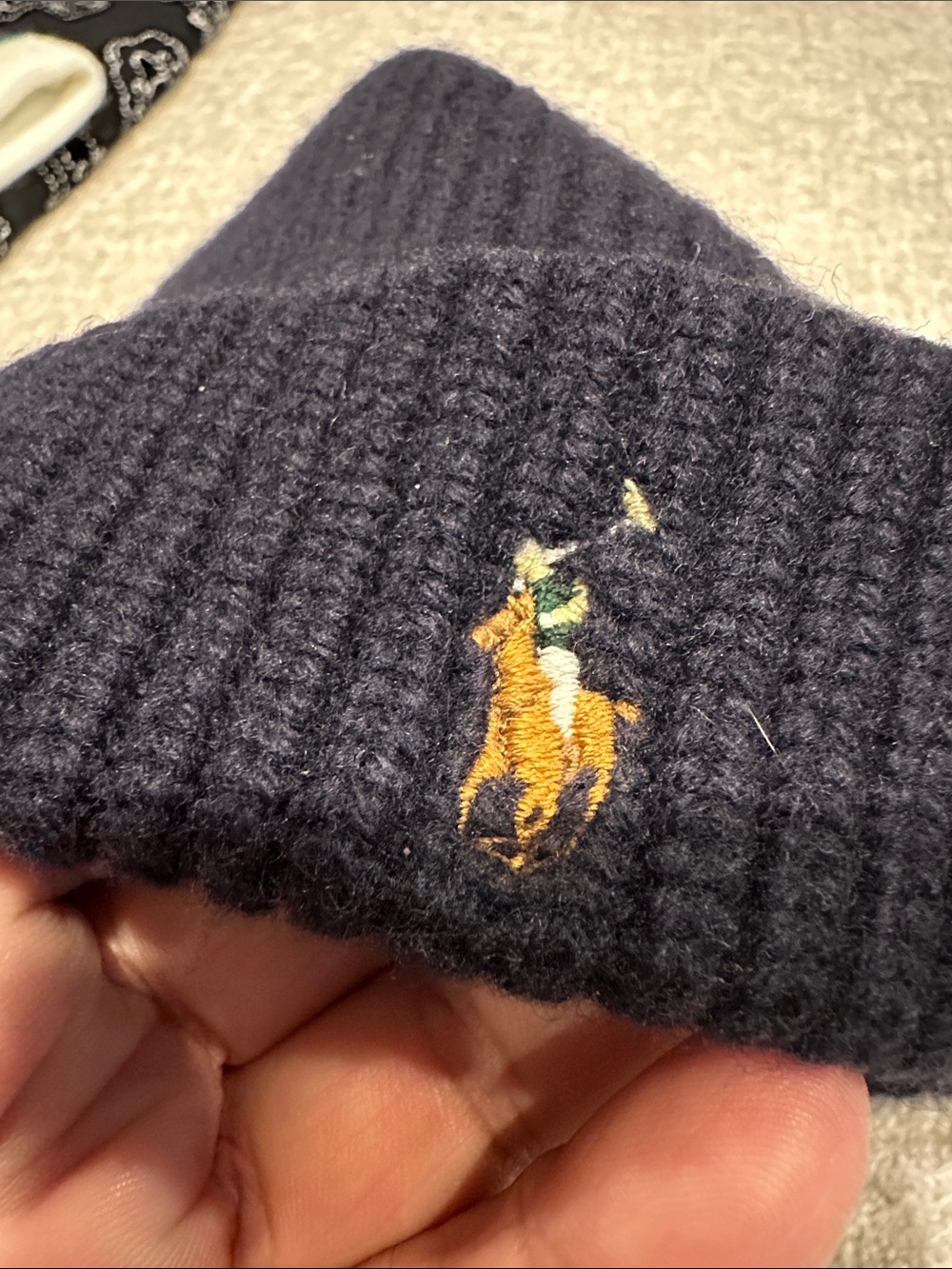 Ralph Lauren Navy Ribbed Knit Beanie with Polo Player Embroidery - Picture 2 of 3